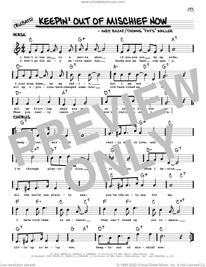 Keepin' Out Of Mischief Now (arr. Robert Rawlins) sheet music for voice and other instruments (real book with lyrics) by Andy Razaf, Robert Rawlins and Thomas Waller and Thomas Waller, intermediate skill level
