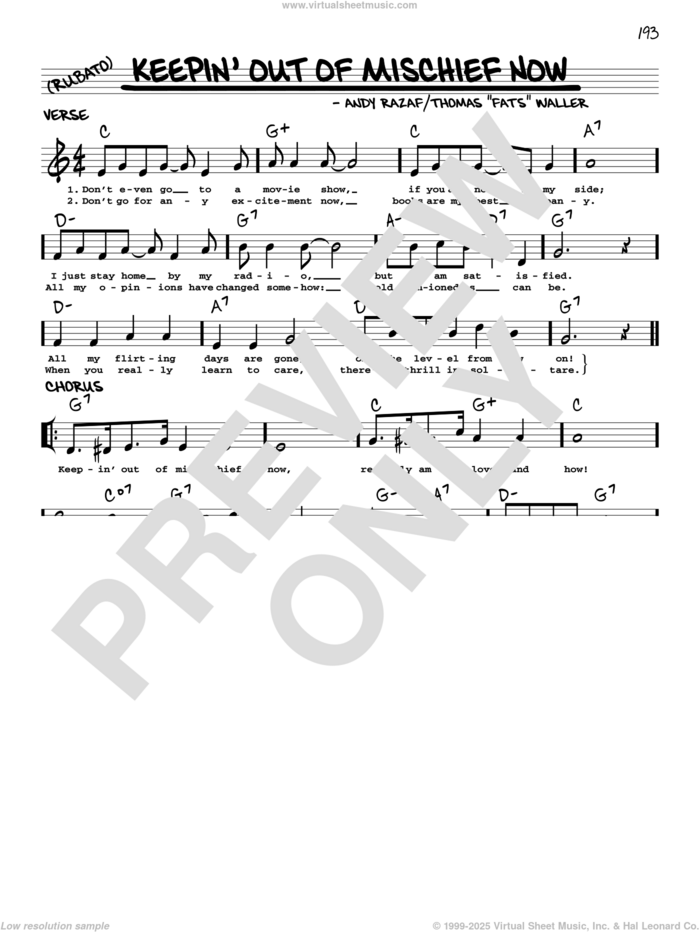 Keepin' Out Of Mischief Now (arr. Robert Rawlins) sheet music for voice and other instruments (real book with lyrics) by Andy Razaf, Robert Rawlins and Thomas Waller and Thomas Waller, intermediate skill level