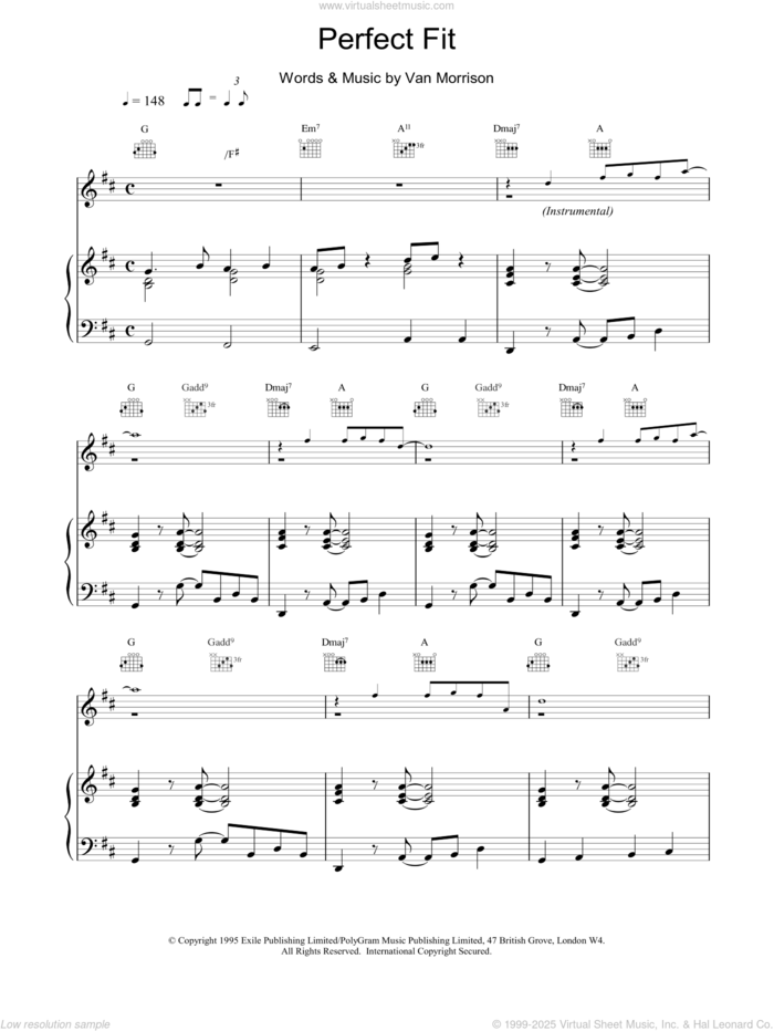 Perfect Fit sheet music for voice, piano or guitar by Van Morrison, intermediate skill level