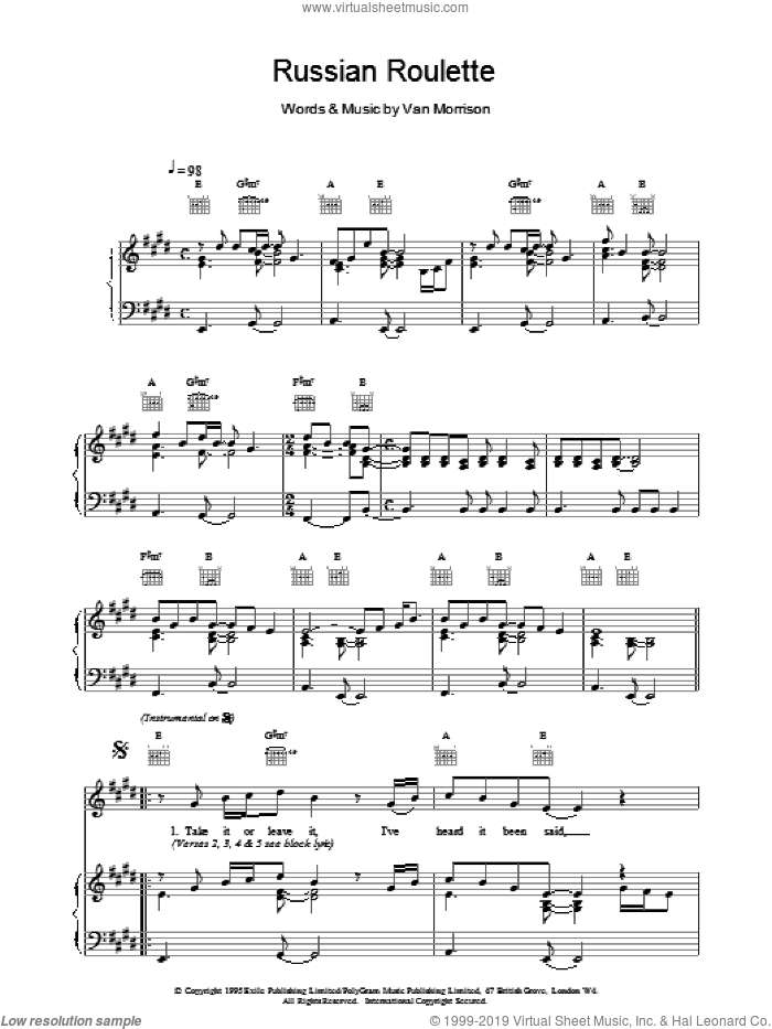 Russian Roulette sheet music for voice, piano or guitar by Van Morrison, intermediate skill level