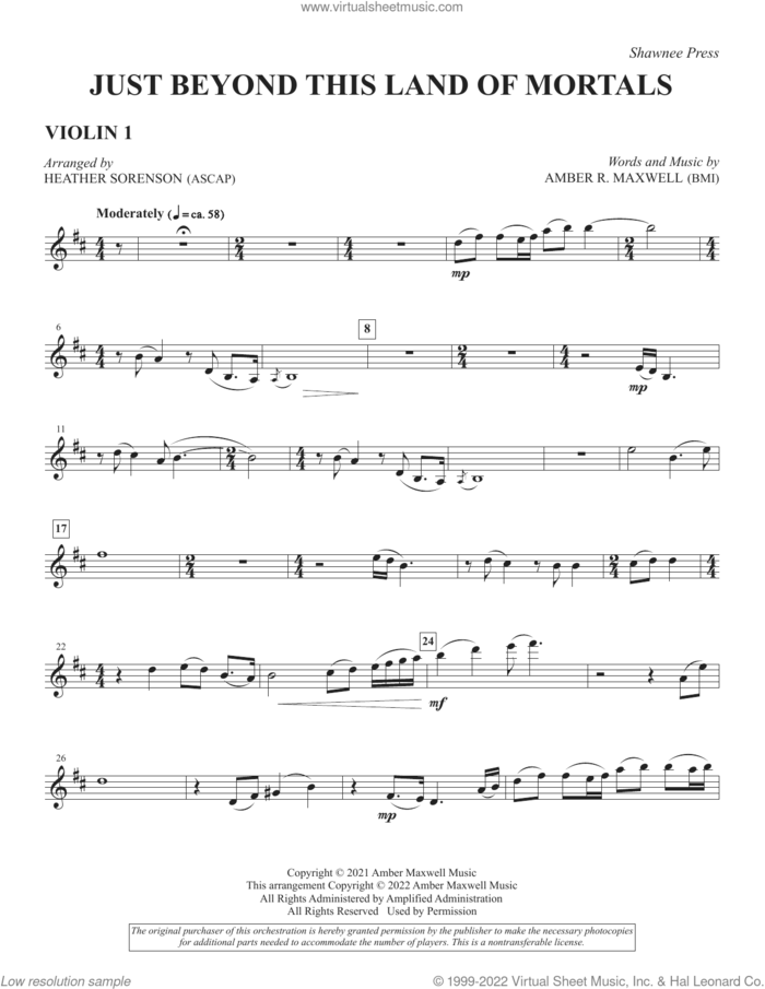 Just Beyond This Land of Mortals (arr. Heather Sorenson) sheet music for orchestra/band (violin 1) by Amber R. Maxwell and Heather Sorenson, intermediate skill level