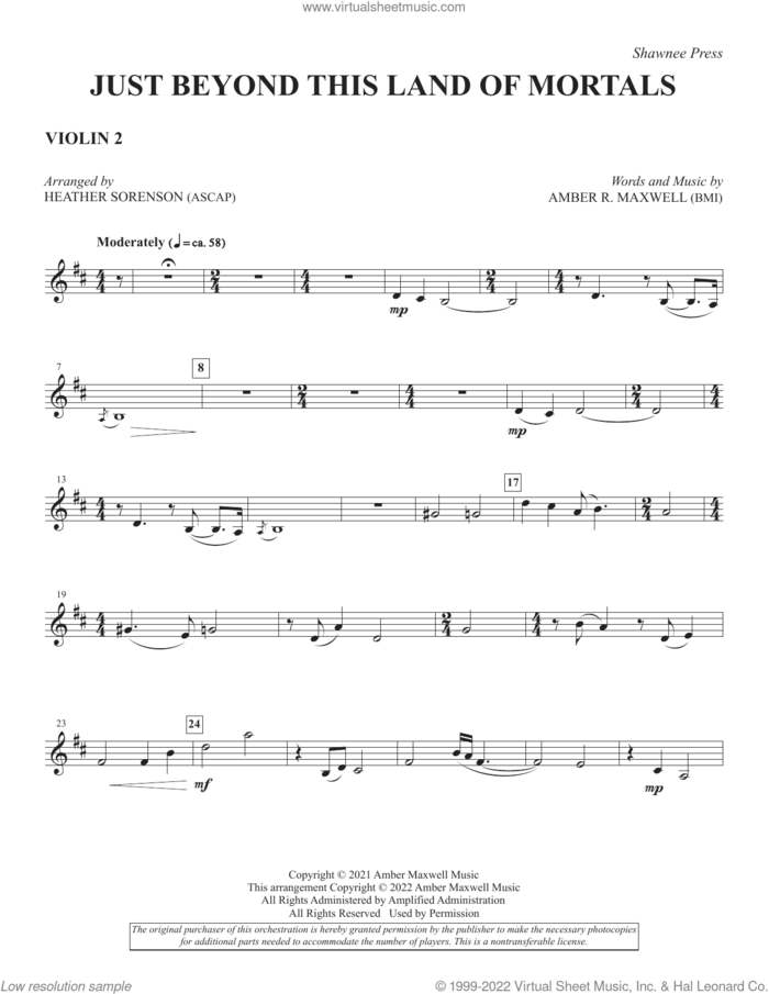 Just Beyond This Land of Mortals (arr. Heather Sorenson) sheet music for orchestra/band (violin 2) by Amber R. Maxwell and Heather Sorenson, intermediate skill level