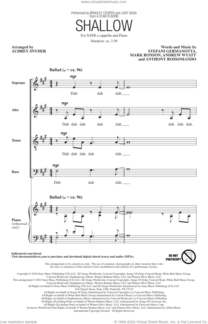 Shallow (from A Star Is Born) (arr. Audrey Snyder) sheet music for choir (SATB: soprano, alto, tenor, bass) by Lady Gaga & Bradley Cooper, Audrey Snyder, Andrew Wyatt, Anthony Rossomando, Lady Gaga and Mark Ronson, intermediate skill level