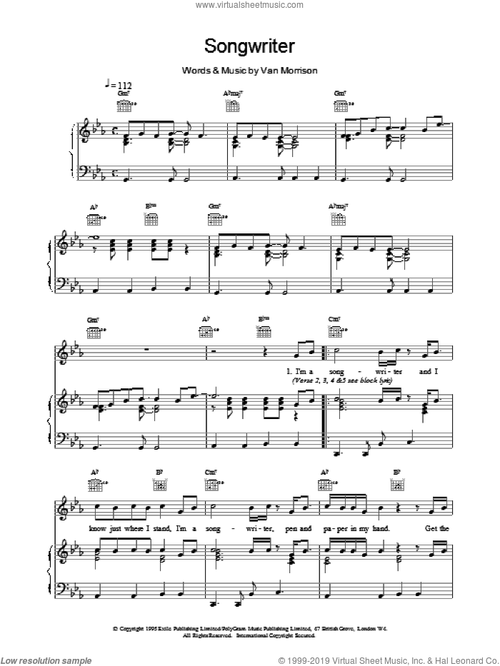 Songwriter sheet music for voice, piano or guitar by Van Morrison, intermediate skill level