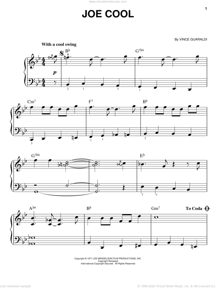 Joe Cool sheet music for piano solo by Vince Guaraldi, easy skill level