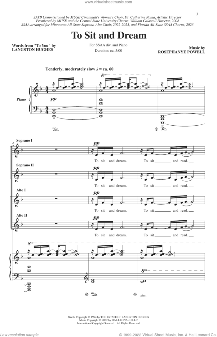 To Sit And Dream sheet music for choir (SSA: soprano, alto) by Rosephanye Powell and Langston Hughes, intermediate skill level