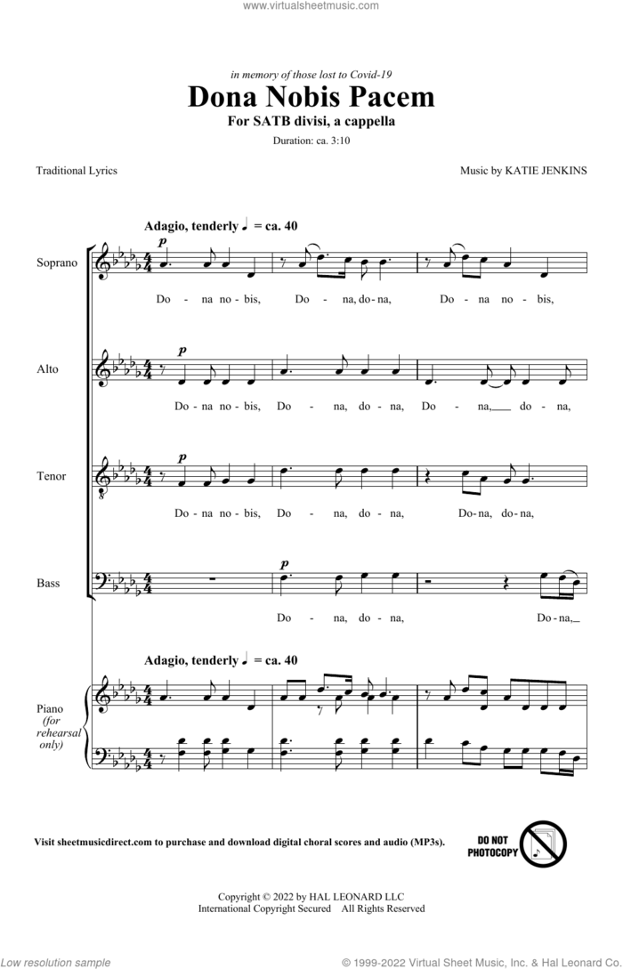 Dona Nobis Pacem sheet music for choir (SATB: soprano, alto, tenor, bass) by Katie Jenkins and Traditional Lyrics, intermediate skill level