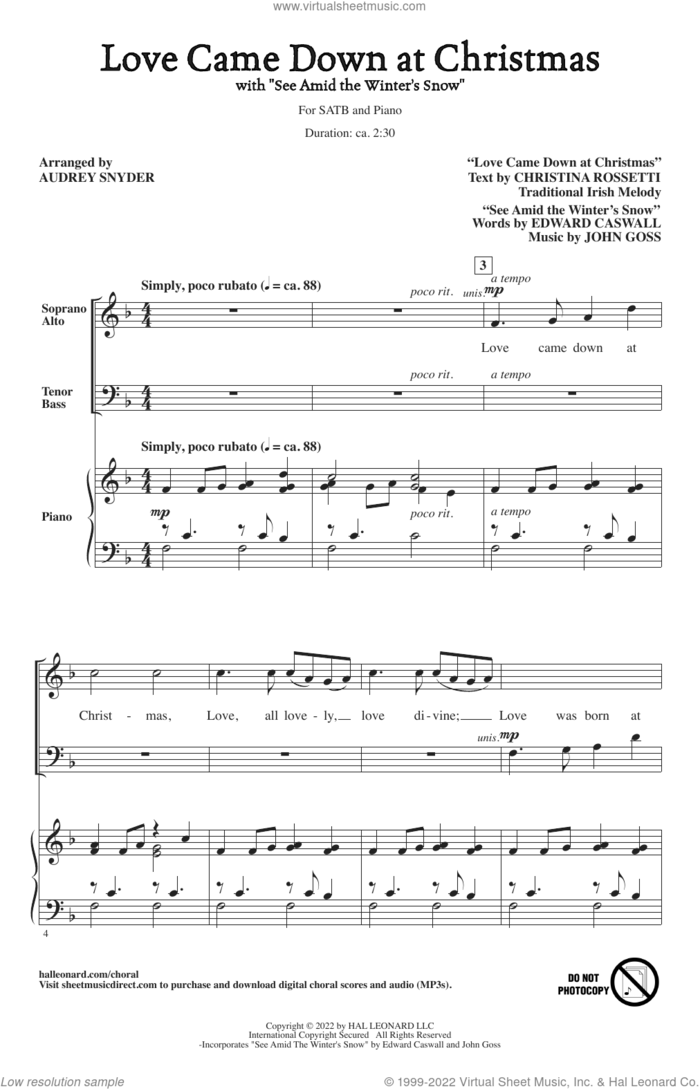 Love Came Down At Christmas (with 'See Amid The Winter's Snow') (arr. Audrey Snyder) sheet music for choir (SATB: soprano, alto, tenor, bass) by Christina Rossetti, Audrey Snyder and Miscellaneous, intermediate skill level