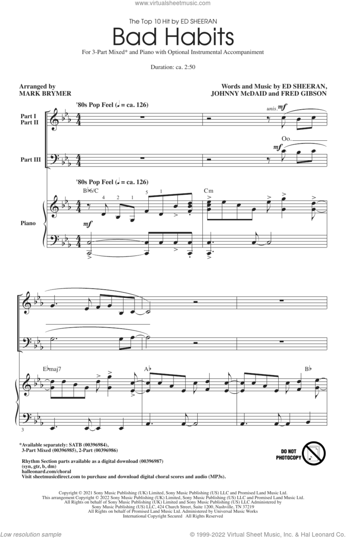 Bad Habits (arr. Mark Brymer) sheet music for choir (3-Part Mixed) by Ed Sheeran, Mark Brymer, Fred Gibson and Johnny McDaid, intermediate skill level