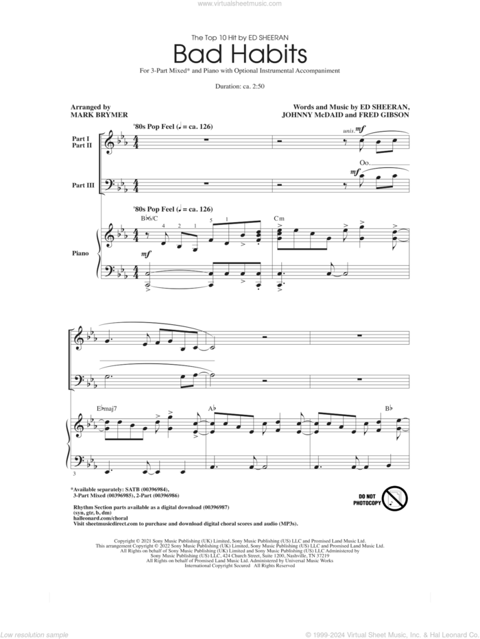 Bad Habits (arr. Mark Brymer) sheet music for choir (3-Part Mixed) by Ed Sheeran, Mark Brymer, Fred Gibson and Johnny McDaid, intermediate skill level