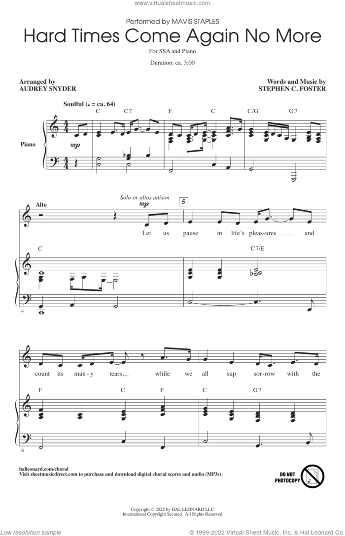 Hard Times Come Again No More (arr. Audrey Snyder) sheet music for choir (SSA: soprano, alto) by Mavis Staples, Audrey Snyder and Stephen Foster, intermediate skill level