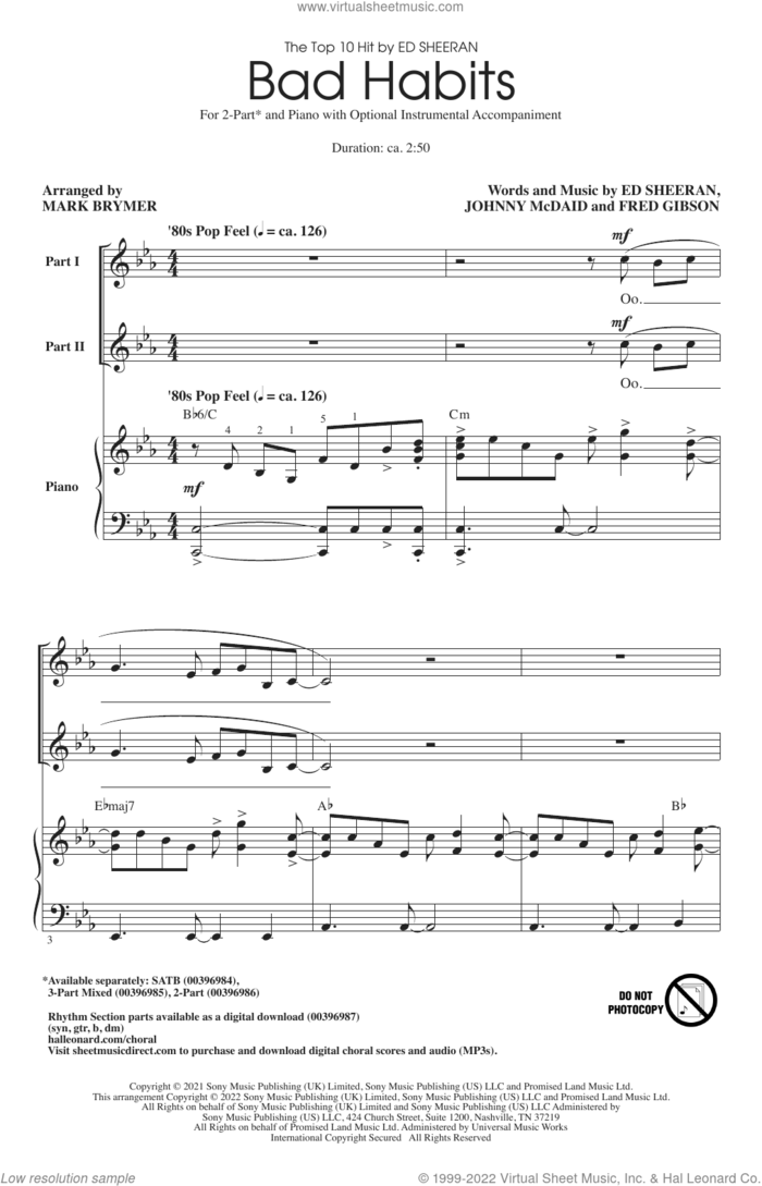 Bad Habits (arr. Mark Brymer) sheet music for choir (2-Part) by Ed Sheeran, Mark Brymer, Fred Gibson and Johnny McDaid, intermediate duet