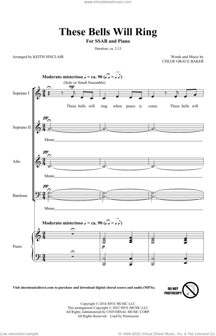 These Bells Will Ring (arr. Keith Sinclair) sheet music for choir (SATB: soprano, alto, tenor, bass) by Bitter's Kiss & Bluestone, Keith Sinclair and Chloe Grace Baker, intermediate skill level
