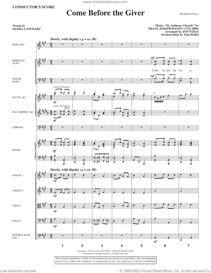 Come Before the Giver (arr. Jon Paige) (COMPLETE) sheet music for orchestra/band by Franz Joseph Haydn, Jon Paige and Pamela Stewart, intermediate skill level