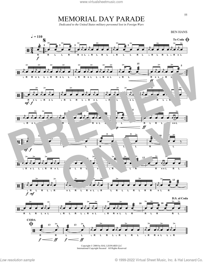 Memorial Day Parade sheet music for Snare Drum Solo (percussions, drums) by Ben Hans, classical score, intermediate skill level