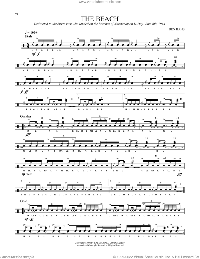 The Beach sheet music for Snare Drum Solo (percussions, drums) by Ben Hans, classical score, intermediate skill level