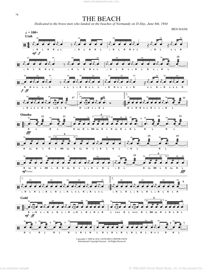 The Beach sheet music for Snare Drum Solo (percussions, drums) by Ben Hans, classical score, intermediate skill level