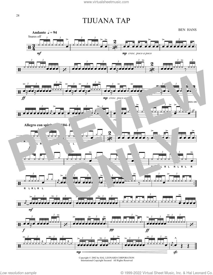 Tijuana Tap sheet music for Snare Drum Solo (percussions, drums) by Ben Hans, classical score, intermediate skill level