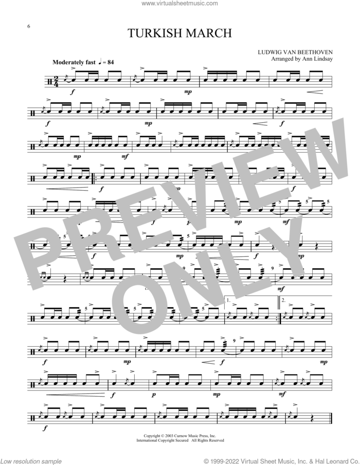 Turkish March (arr. Ann Lindsay) sheet music for Snare Drum Solo (percussions, drums) by Ludwig van Beethoven and Ann Lindsay (arr.), classical score, intermediate skill level