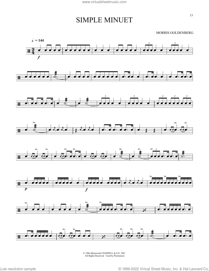 Simple Minuet sheet music for Snare Drum Solo (percussions, drums) by Morris Goldenberg, classical score, intermediate skill level