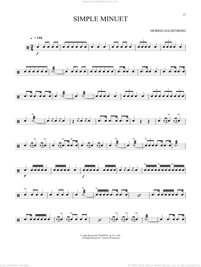 Simple Minuet sheet music for Snare Drum Solo (percussions, drums) by Morris Goldenberg, classical score, intermediate skill level