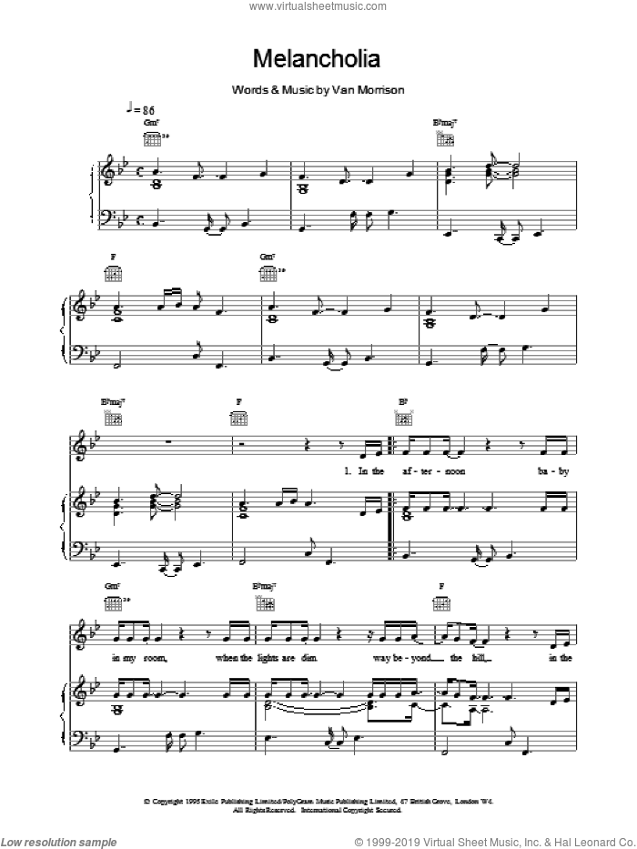 Melancholia sheet music for voice, piano or guitar by Van Morrison, intermediate skill level
