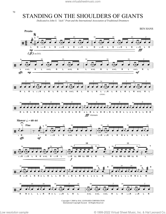 Standing On The Shoulders Of Giants sheet music for Snare Drum Solo (percussions, drums) by Ben Hans, classical score, intermediate skill level