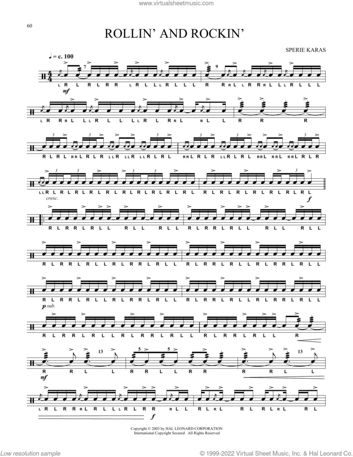 Rollin' And Rockin' sheet music for Snare Drum Solo (percussions, drums) by Sperie Karas, classical score, intermediate skill level