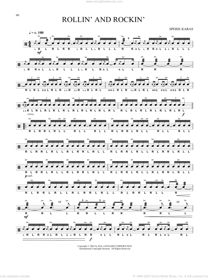 Rollin' And Rockin' sheet music for Snare Drum Solo (percussions, drums) by Sperie Karas, classical score, intermediate skill level