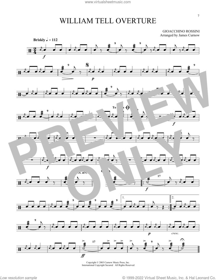 William Tell Overture (arr. James Curnow) sheet music for Snare Drum Solo (percussions, drums) by Gioacchino Rossini and James Curnow (arr.), classical score, intermediate skill level