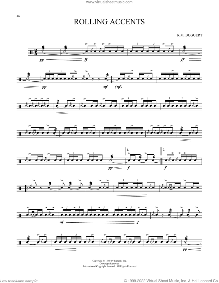 Rolling Accents sheet music for Snare Drum Solo (percussions, drums) by R.W. Buggert, classical score, intermediate skill level