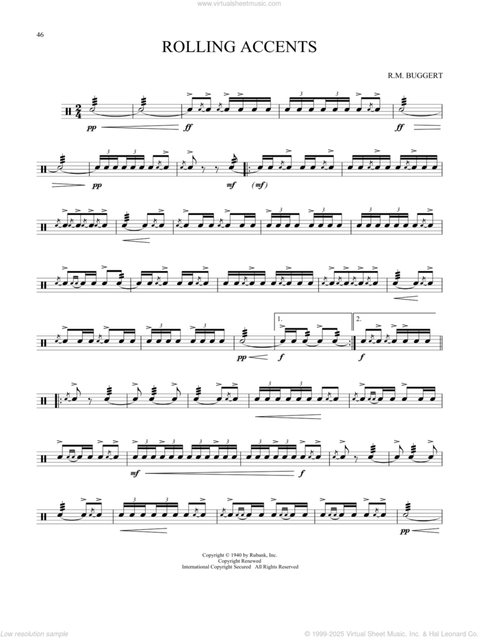 Rolling Accents sheet music for Snare Drum Solo (percussions, drums) by R.W. Buggert, classical score, intermediate skill level