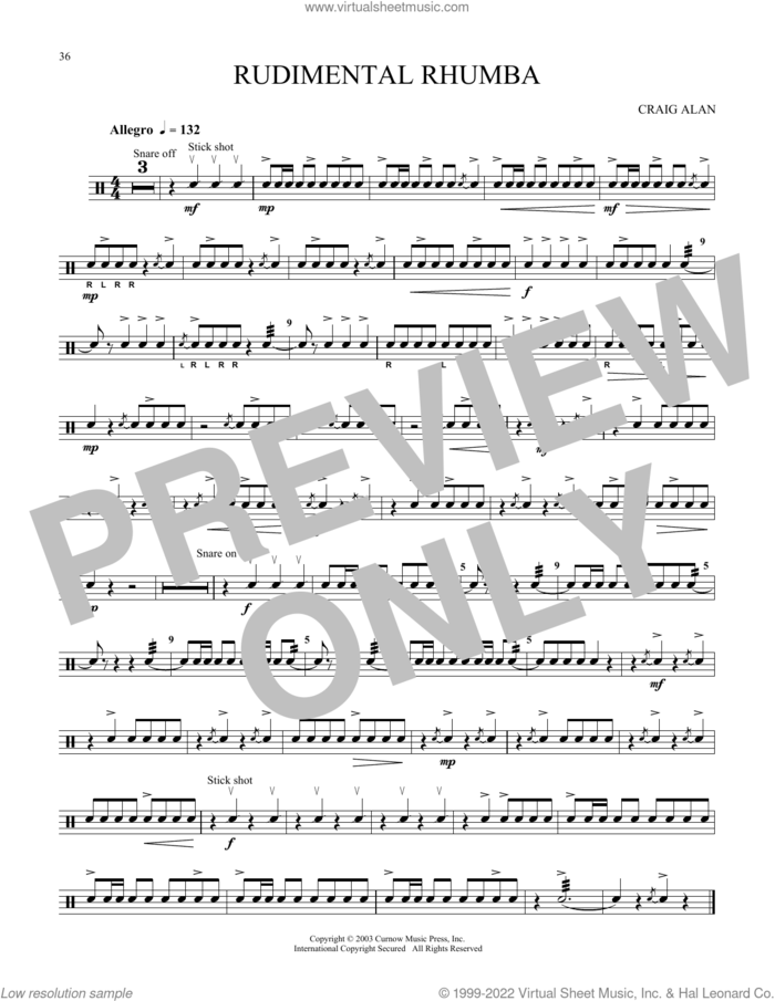 Rudimental Rhumba sheet music for Snare Drum Solo (percussions, drums) by Craig Alan, classical score, intermediate skill level