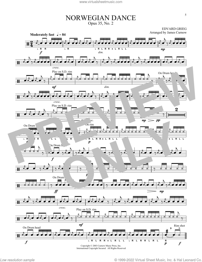 Norwegian Dance Op. 35, No. 2 (arr. James Curnow) sheet music for Snare Drum Solo (percussions, drums) by Edvard Grieg and James Curnow (arr.), classical score, intermediate skill level