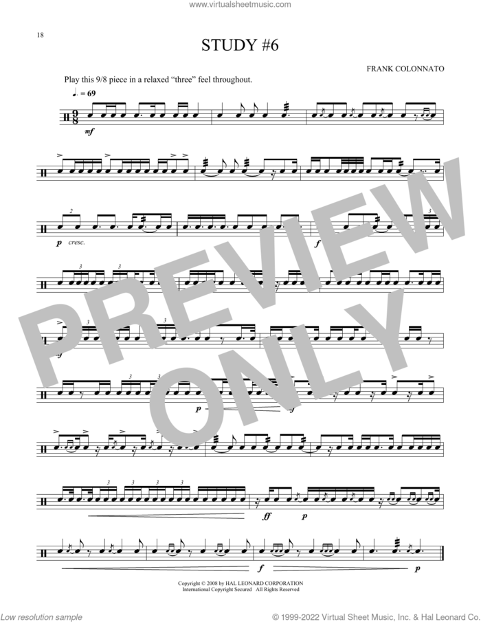 Study #6 sheet music for Snare Drum Solo (percussions, drums) by Frank Colonnato, classical score, intermediate skill level