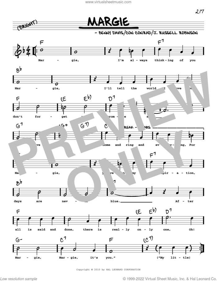 Margie (arr. Robert Rawlins) sheet music for voice and other instruments (real book with lyrics) by Benny Davis, Robert Rawlins, Con Conrad and Russell Robinson, intermediate skill level