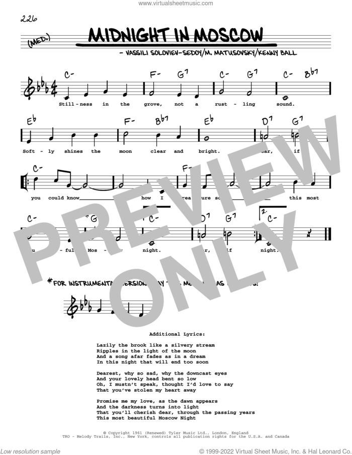 Midnight In Moscow (arr. Robert Rawlins) sheet music for voice and other instruments (real book with lyrics) by Kenny Ball and Robert Rawlins, intermediate skill level