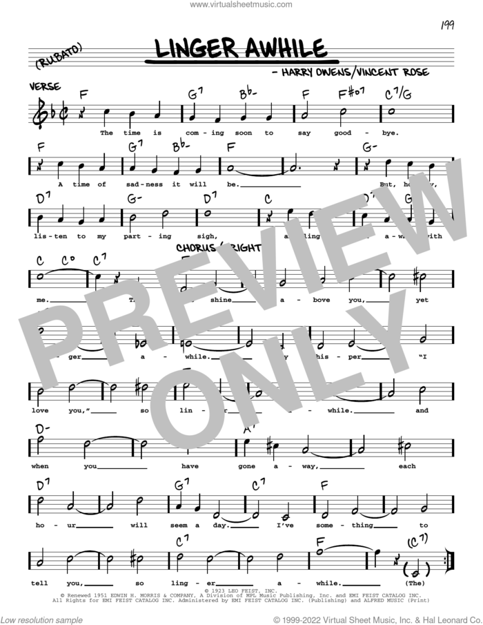 Linger Awhile (arr. Robert Rawlins) sheet music for voice and other instruments (real book with lyrics) by Harry Owens, Robert Rawlins and Vincent Rose, intermediate skill level