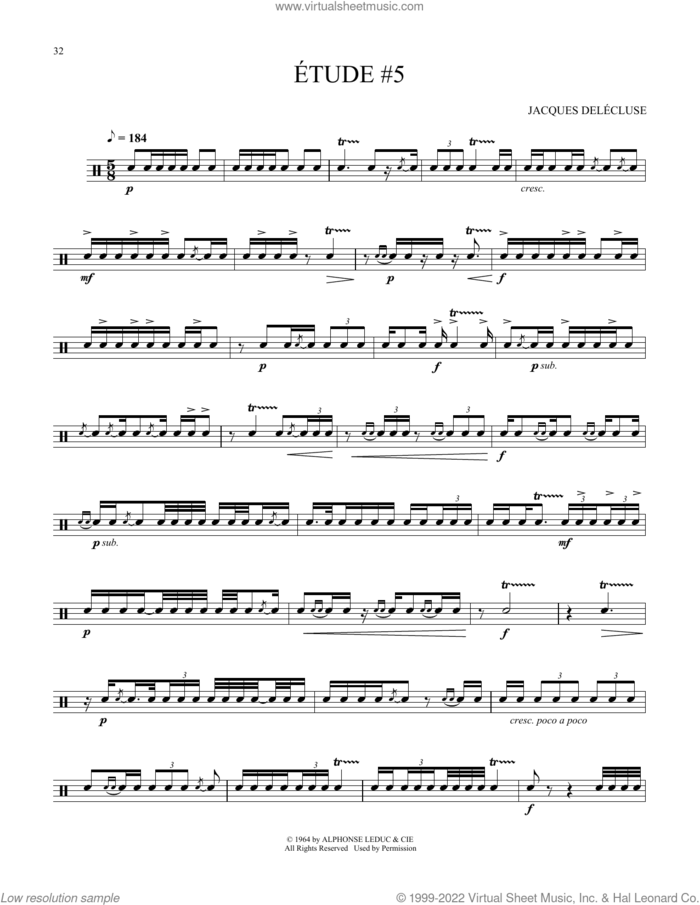 Etude #5 sheet music for Snare Drum Solo (percussions, drums) by Jacques Delecluse, classical score, intermediate skill level
