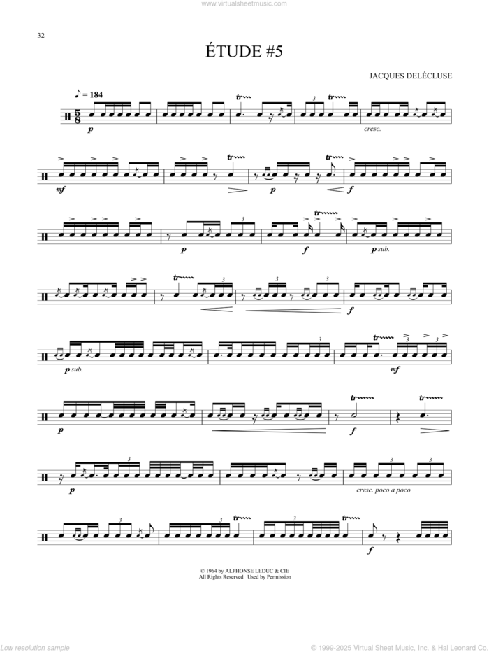 Etude #5 sheet music for Snare Drum Solo (percussions, drums) by Jacques Delécluse and Jacques Delecluse, classical score, intermediate skill level