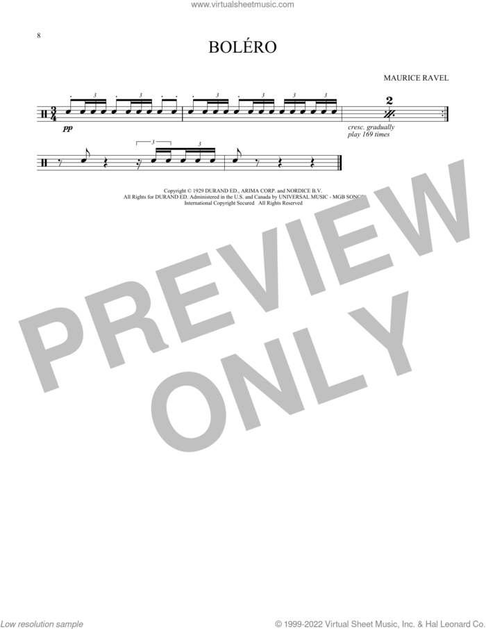 Bolero sheet music for Snare Drum Solo (percussions, drums) by Maurice Ravel, classical score, intermediate skill level