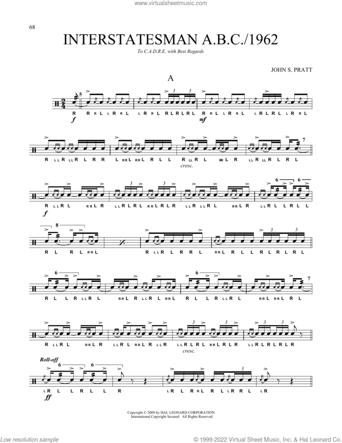 Interstatesman A.B.C./1962 sheet music for Snare Drum Solo (percussions, drums) by John S. Pratt, classical score, intermediate skill level