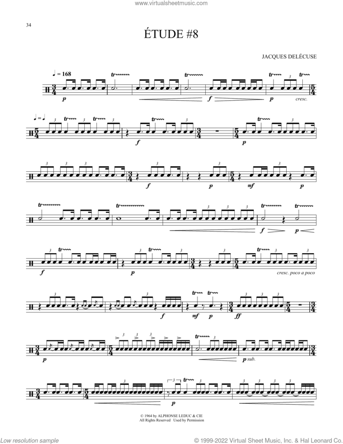 Etude #8 sheet music for Snare Drum Solo (percussions, drums) by Jacques Delecluse, classical score, intermediate skill level