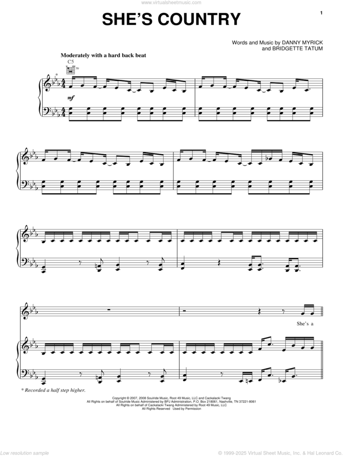 She's Country sheet music for voice, piano or guitar by Jason Aldean, Bridgette Tatum and Danny Myrick, intermediate skill level