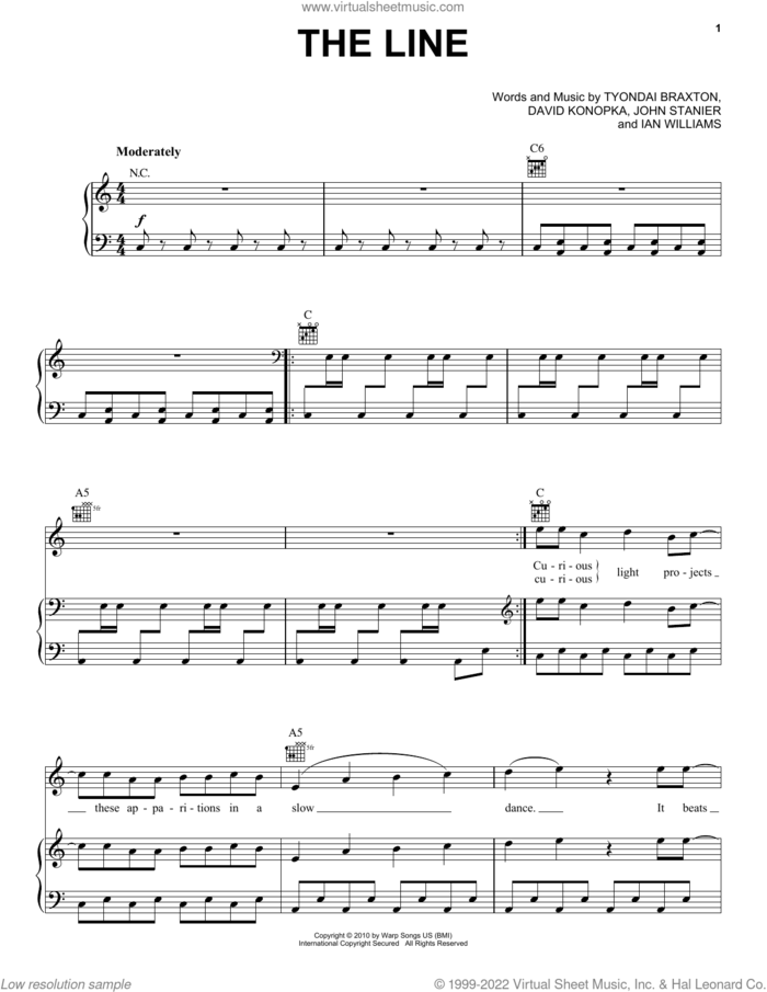 The Line sheet music for voice, piano or guitar by Battles, David Konopka, Ian Williams, John Stanier and Tyondai Braxton, intermediate skill level
