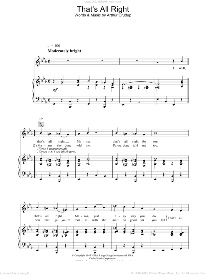 That's All Right sheet music for voice, piano or guitar by Elvis Presley and Arthur Crudup, intermediate skill level