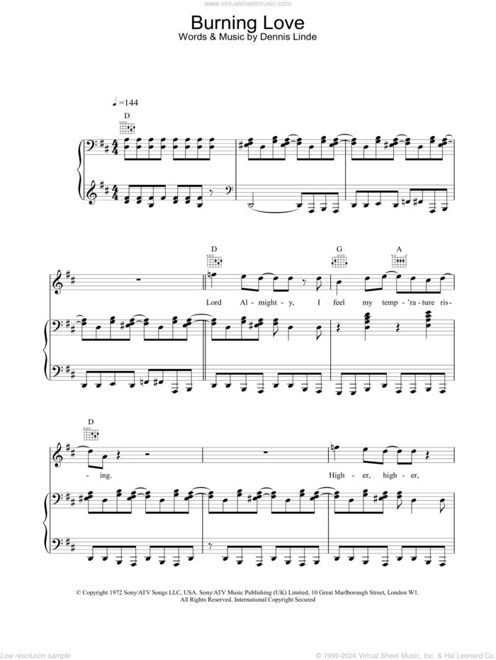 Burning Love sheet music for voice, piano or guitar by Elvis Presley and Dennis Linde, intermediate skill level