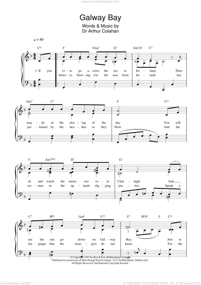 Galway Bay sheet music for voice, piano or guitar by Arthur Colahan and Dr. Arthur Colahan, intermediate skill level