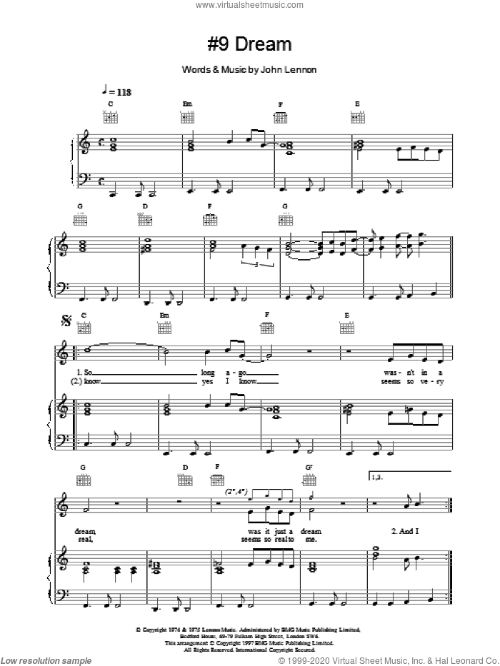 #9 Dream sheet music for voice, piano or guitar by John Lennon, intermediate skill level