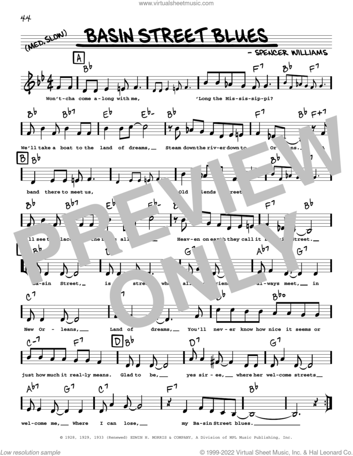 Basin Street Blues (arr. Robert Rawlins) sheet music for voice and other instruments (real book with lyrics) by Spencer Williams and Robert Rawlins, intermediate skill level